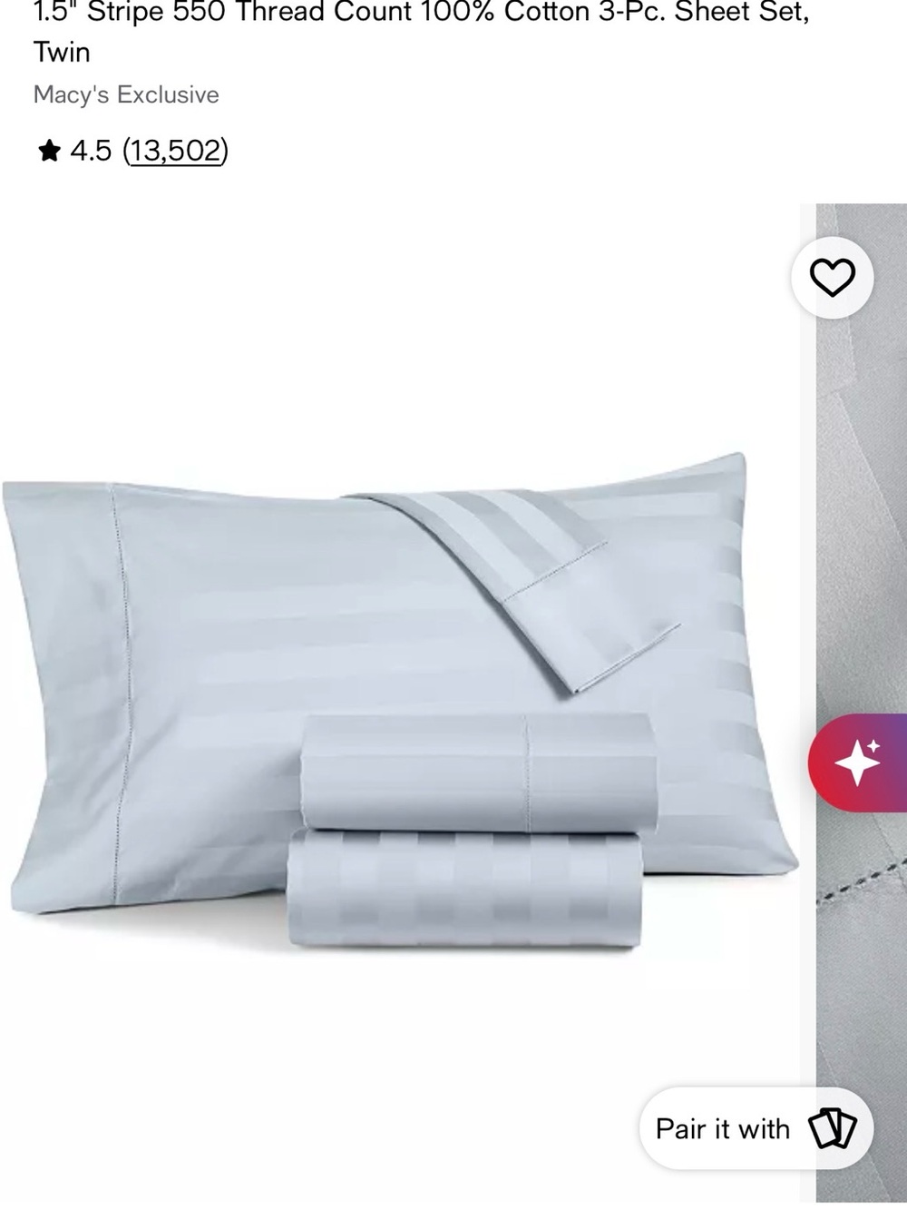 Charter Club Light Blue Stripe 550 TC 100% Cotton Sheet Set